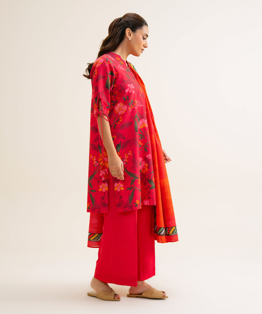 Women's Unstitched Premium Khaddar Printed Pink 3 Piece Suit