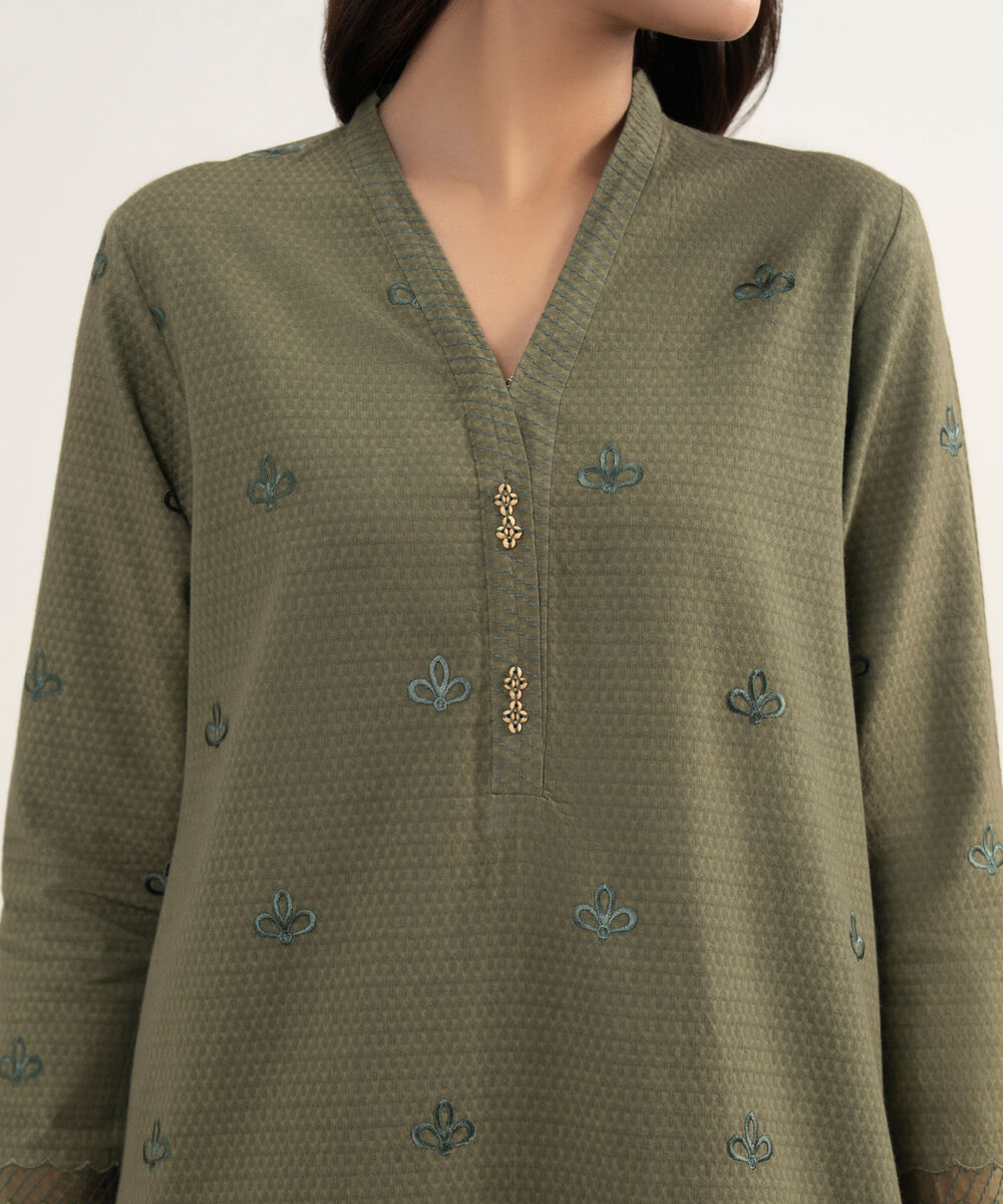 Women's Unstitched 3D Dobby Olive Green  3 Piece Suit