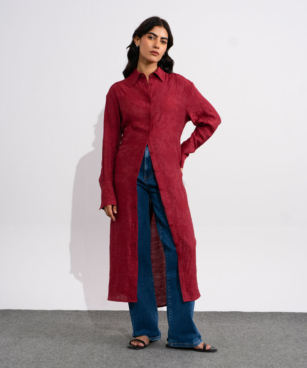 Women's Red Textured Button Through Dress