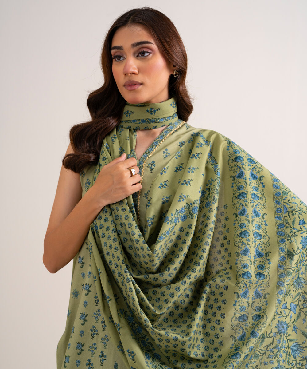 Women's Unstitched Printed Cotton Viscose Green 3 Piece Suit