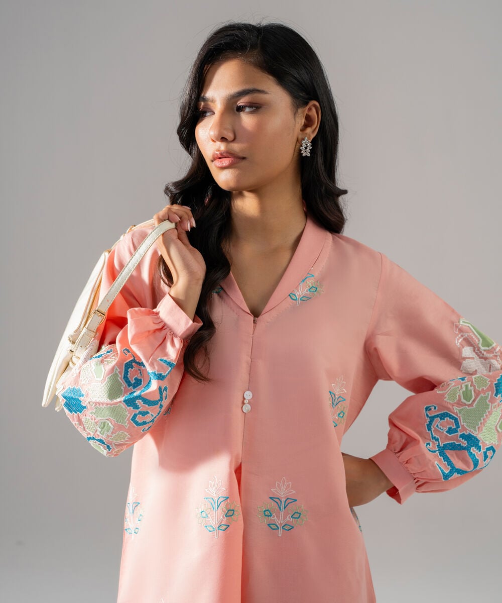 Women's RTW Fancy Cotton Embroidered Pink 2 Piece Suit