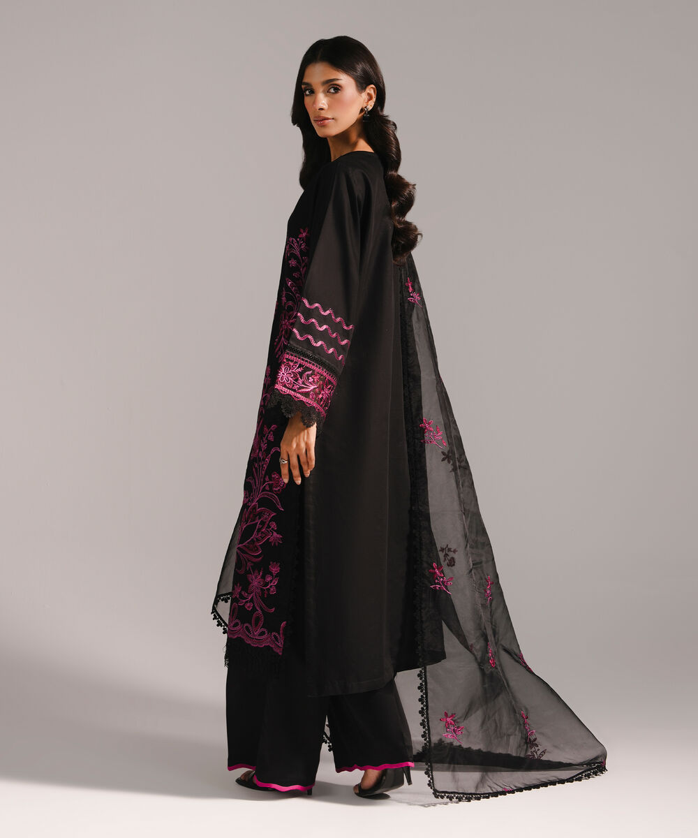 Women's RTW Cotton Satin Embroidered Black 3 Piece Suit