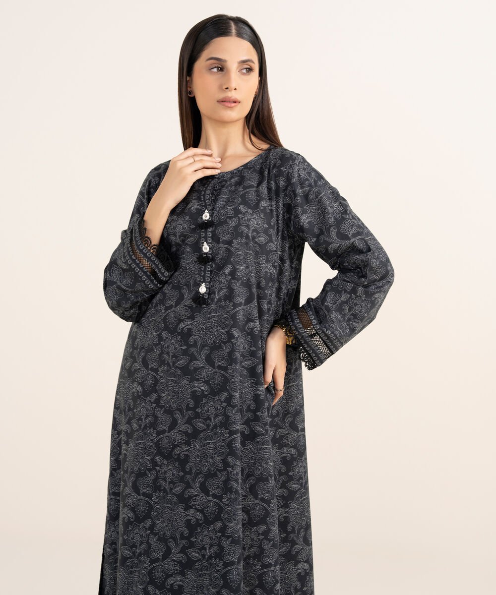 Women's RTW Lawn Viscose Black Printed Straight Shirt