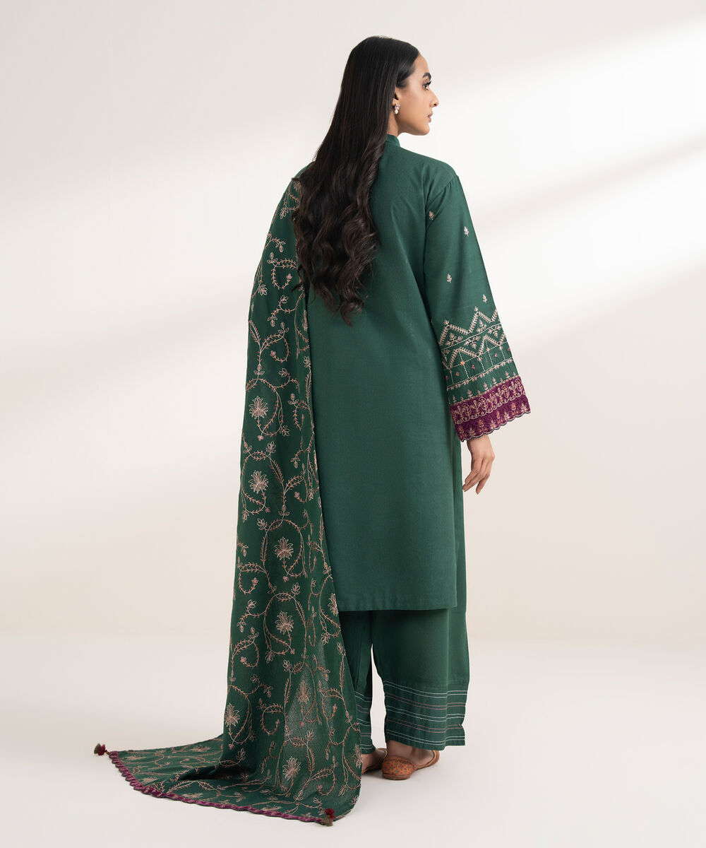Women's RTW Cotton Karandi Embroidered Green 3 Piece Suit