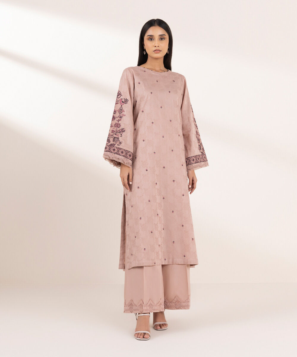 Women's Pret Cotton Jacquard Pink Embroidered A-Line Shirt