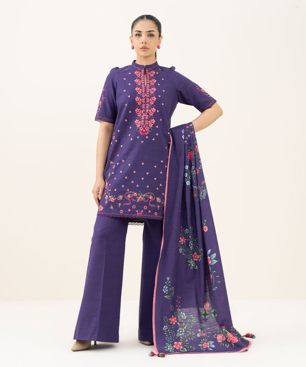 Women's Unstitched Embroidered Khaddar Purple and Pink 3 Piece Suit