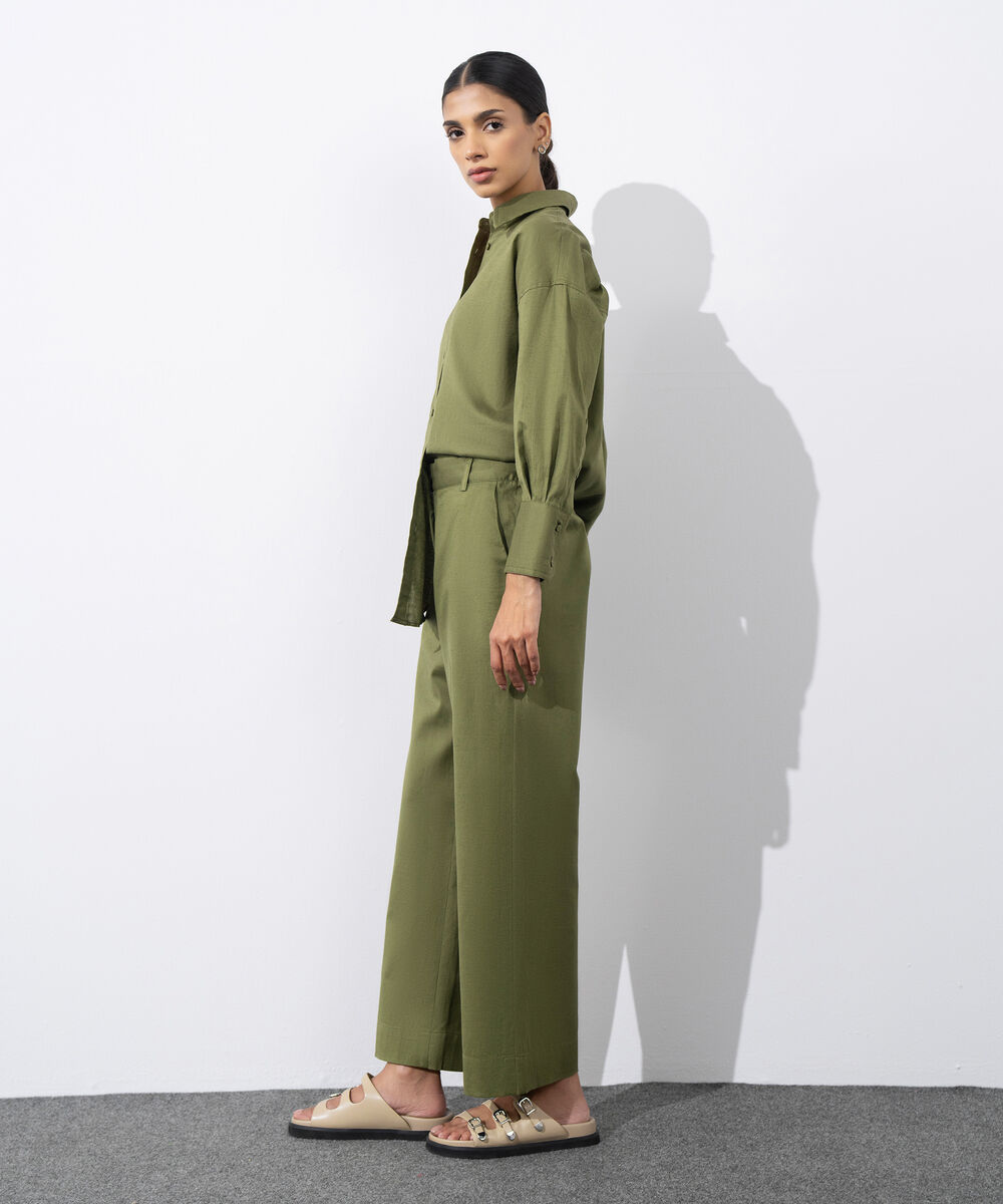 Women's Western Wear Green Straight Fit Linen Blend Trousers