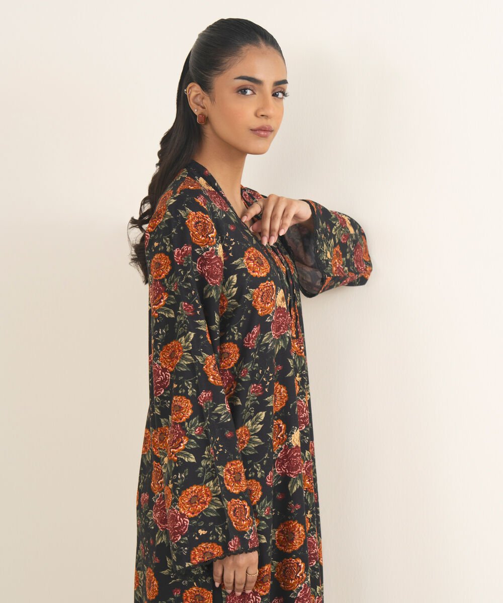 Women's RTW Light Khaddar Printed Black A-Line Shirt