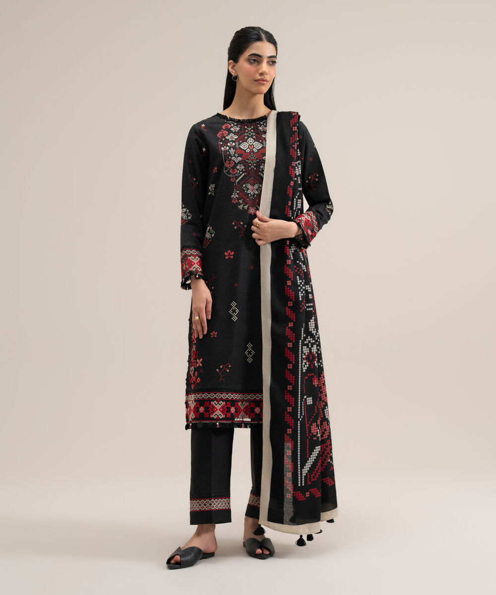 Women's Unstitched Cotton Printed Black 3 Piece Suit