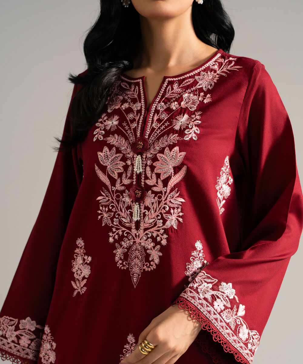 Women's RTW Dobby Crepe Embroidered Red 3 Piece Suit