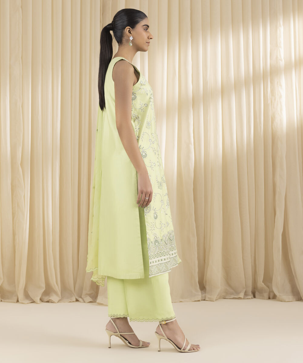 Unstitched Women's Green Cotton Net 3 Piece Suit