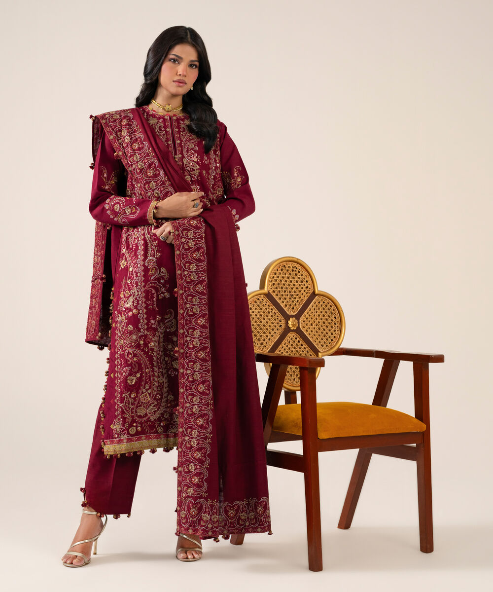 Women's Unstitched Basic Khaddar Embroidered Maroon 3 Piece Suit