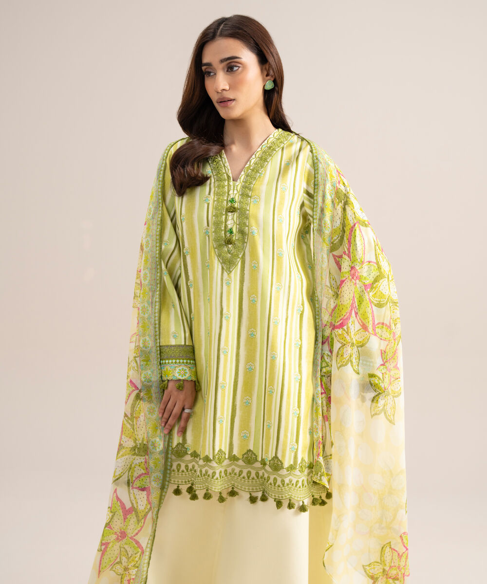 Women's Unstitched Arabic Lawn Embroidered Green  3 Piece Suit