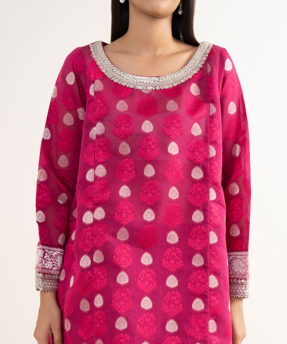 Women's RTW Zari Jacquard Pink Embroidered 3 Piece Suit