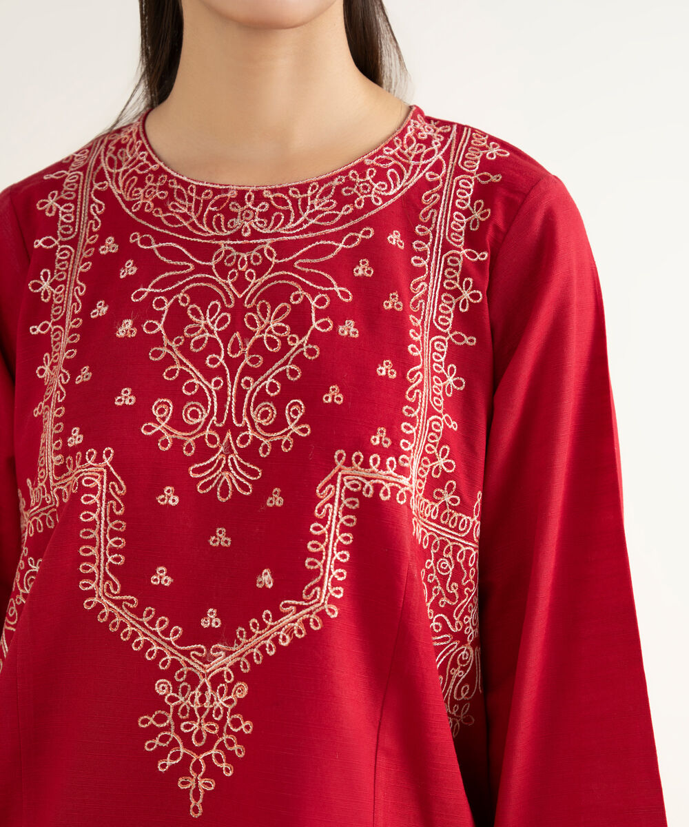 Women's RTW Khaddar Embroidered Red Straight Shirt