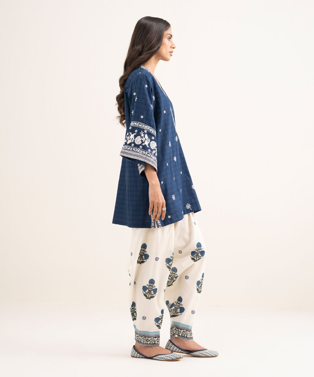 Women's RTW Dobby Embroidered Blue Boxy Shirt