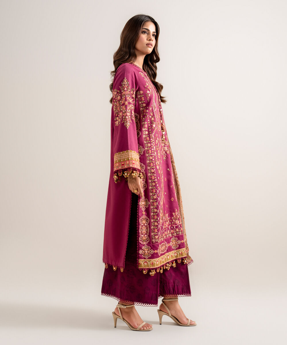 Women's Unstitched Embroidered Fine Cotton Satin Light Purple 3 Piece Suit