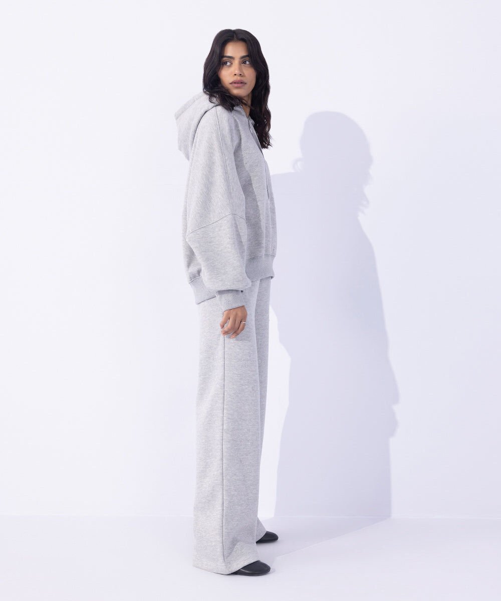 Woman - Grey Fleece Wide Leg Jogging Trousers