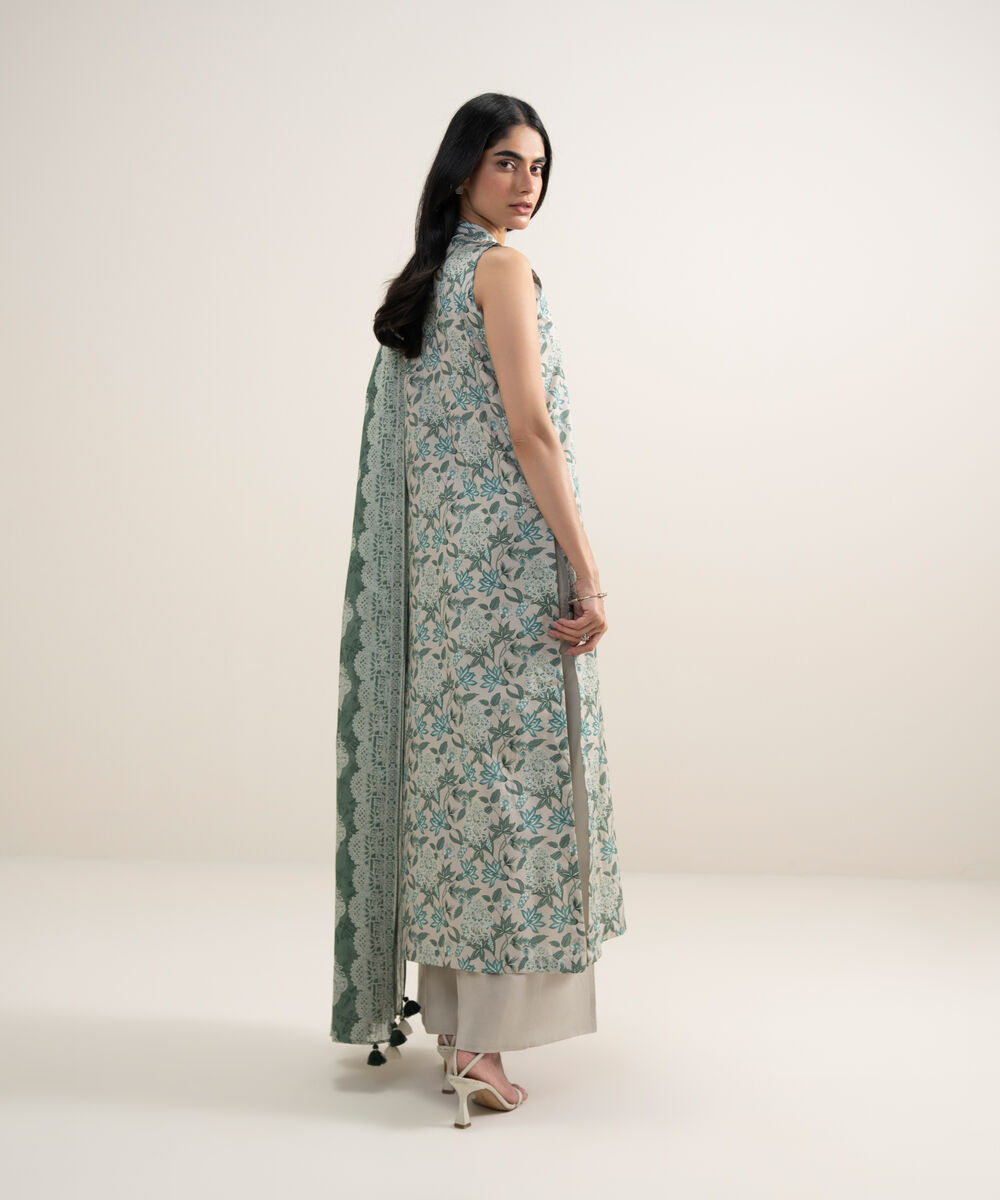 Women's Unstitched Lawn Embroidered Beige 3 Piece Suit