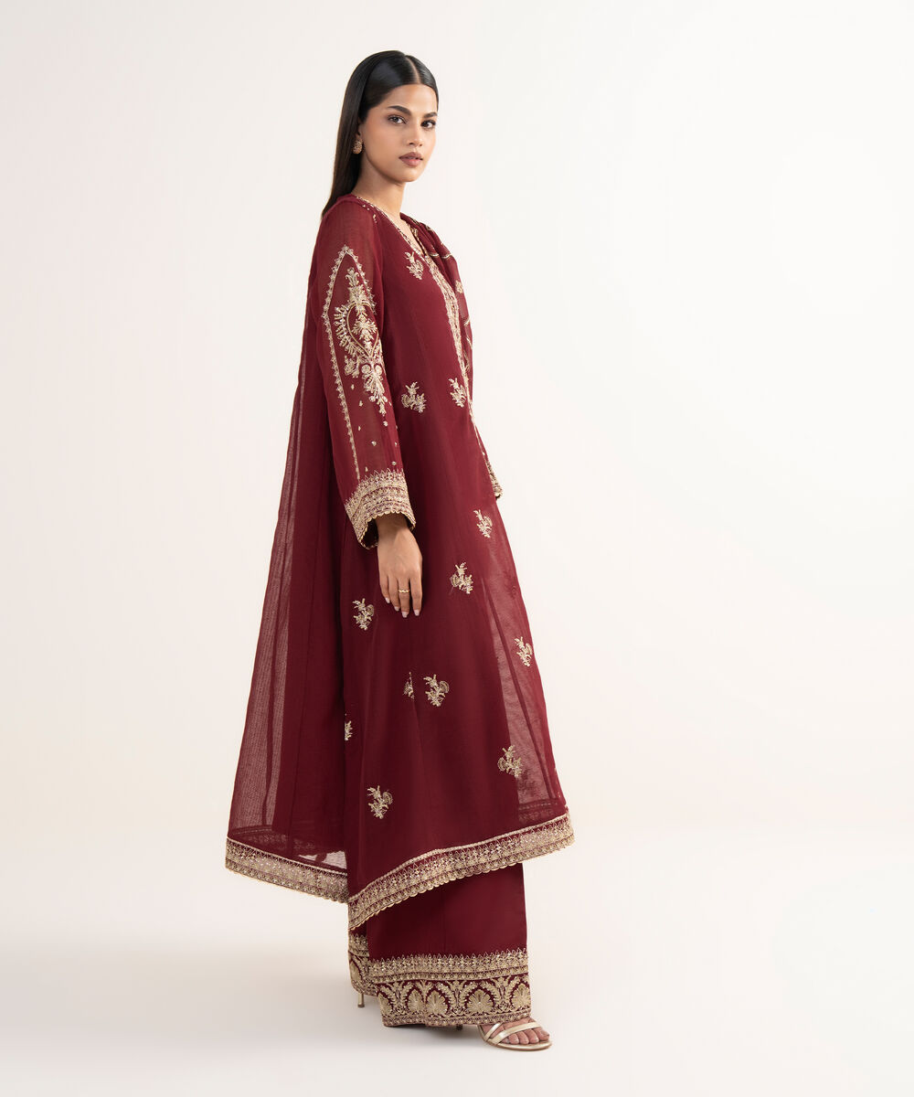 Women's RTW Blended Textured Karandi Maroon Embroidered 3 Piece Suit