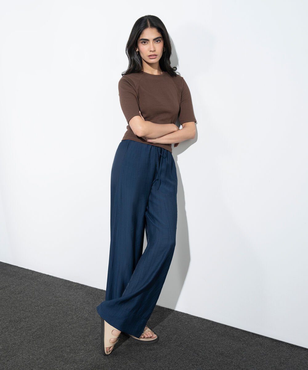 Women's Western Navy Wide-Leg Textured Trousers