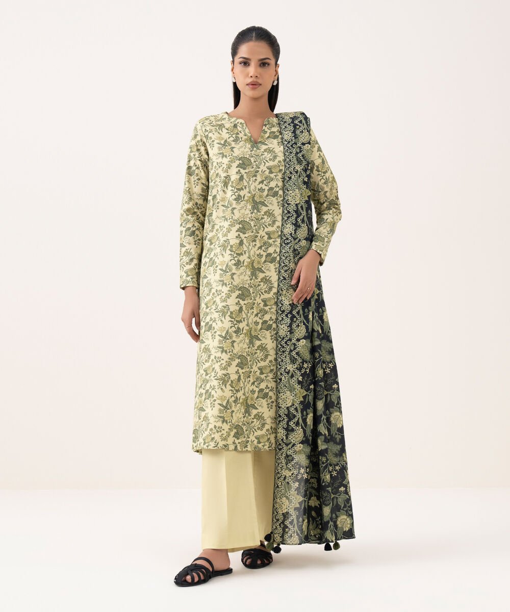 Women's Unstitched Cotton Printed Yellow Three Piece Suit