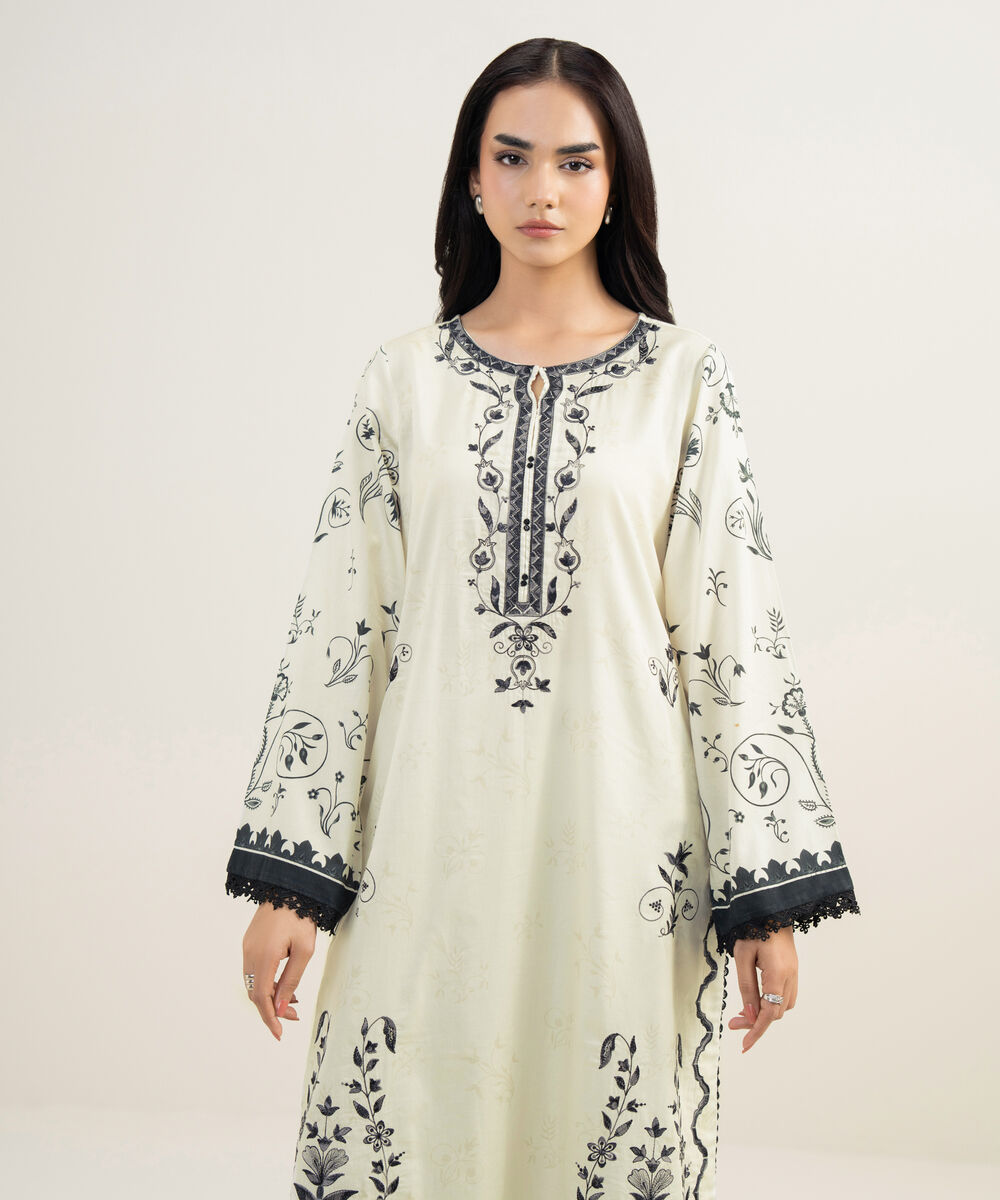 Women's RTW Cotton Satin Embroidered White A-Line Shirt