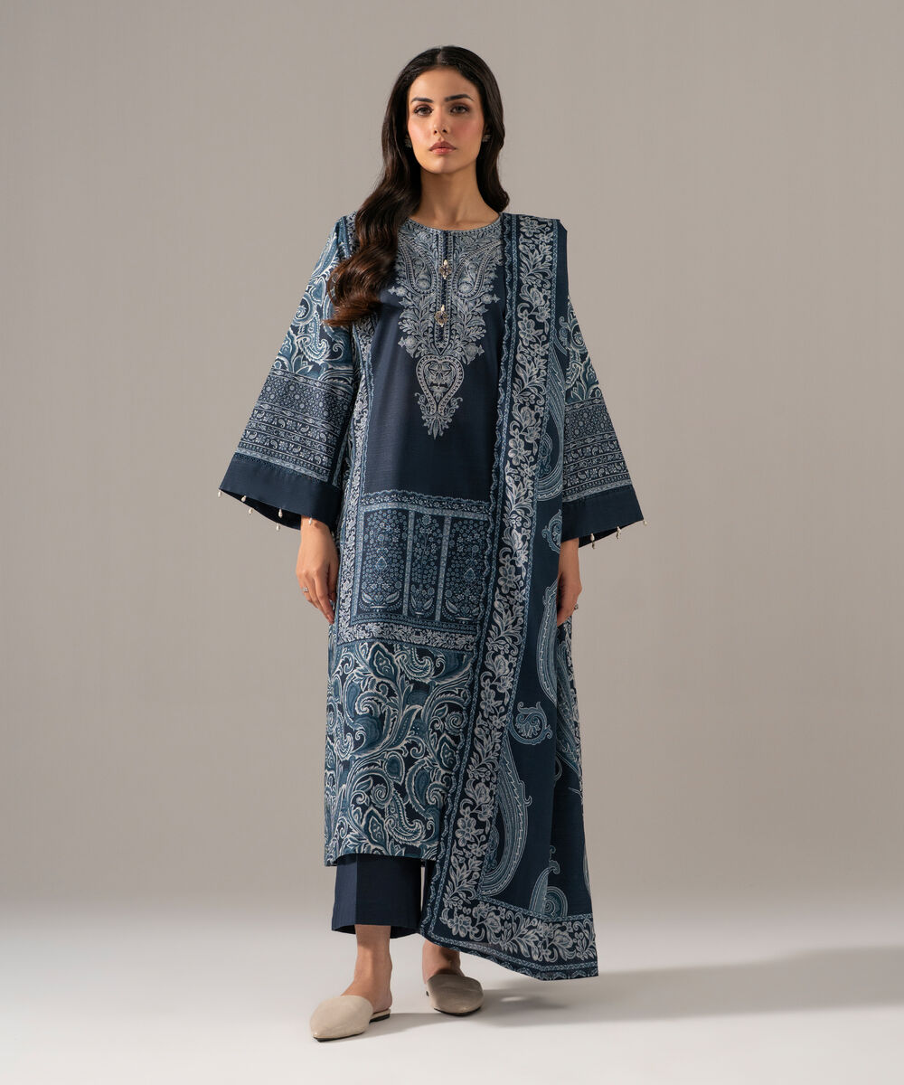 Women's RTW Khaddar Printed Blue 3 Piece Suit
