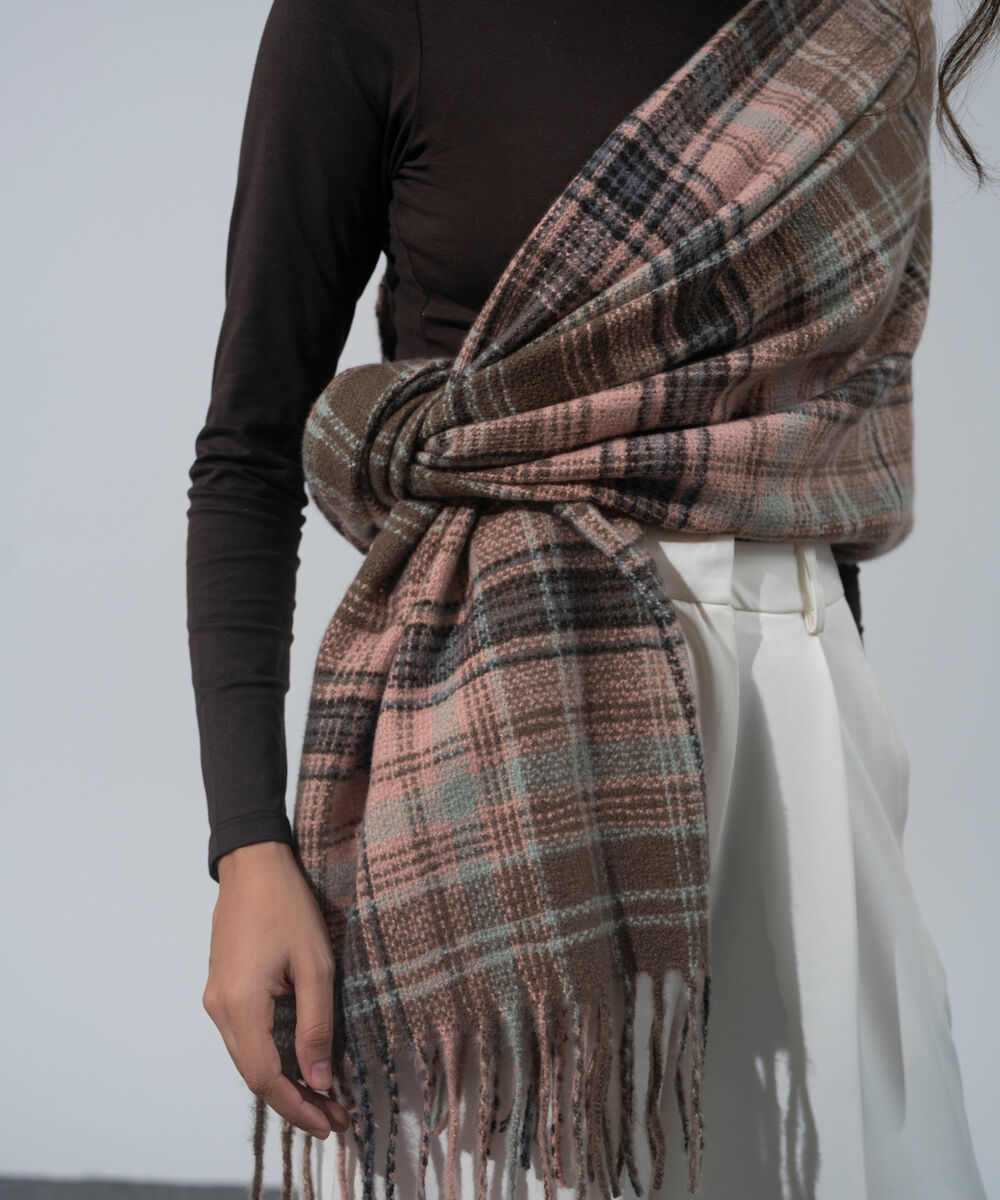 Women's Western Wear Light Pink Polyester Checkered Woolen Scarf
