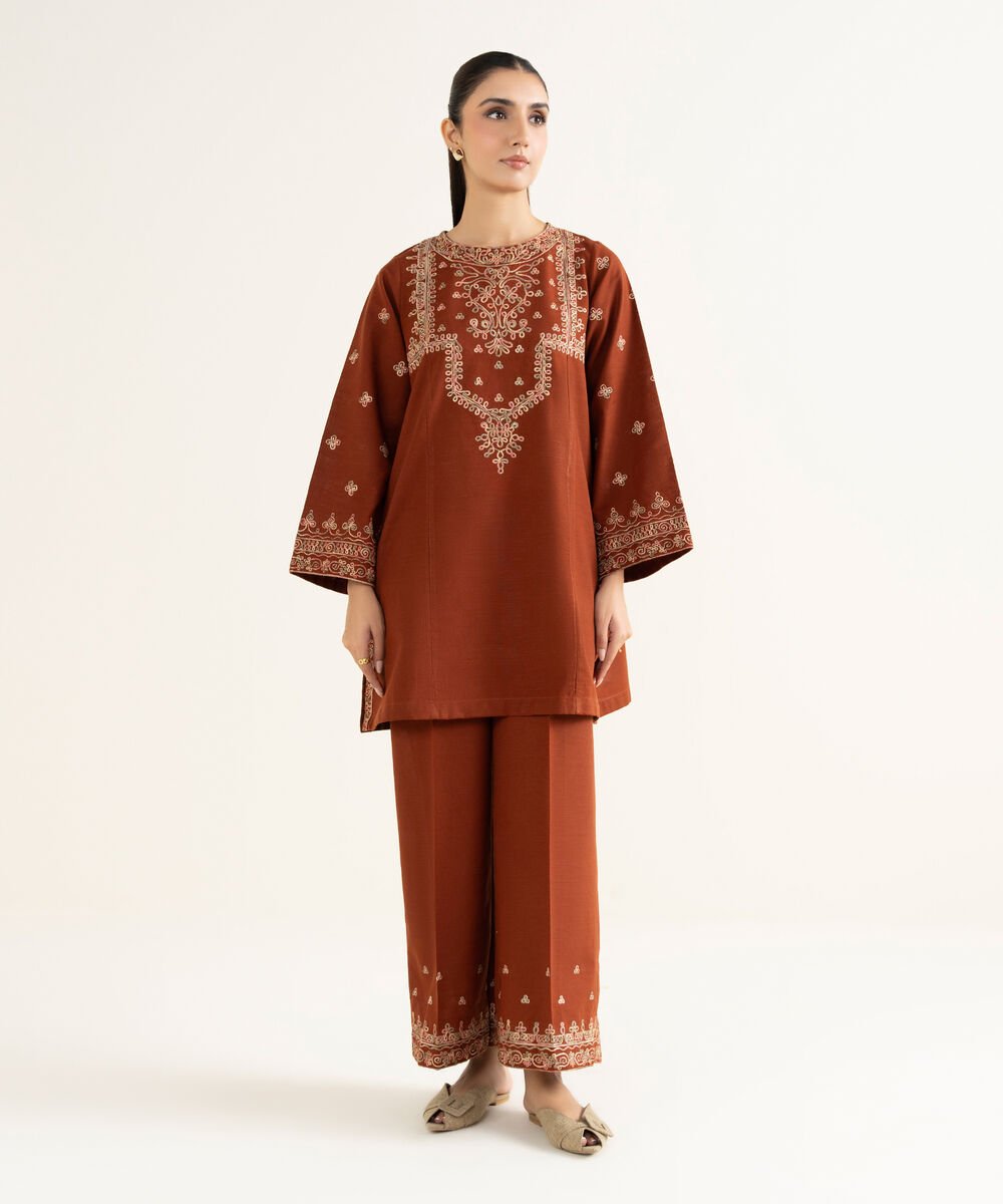 Women's RTW Khaddar Embroidered Dark Brown A-Line Shirt