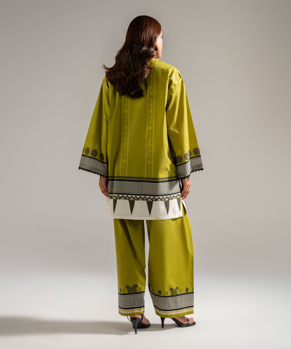Women's RTW Lawn Embroidered Green Drop Shoulder Shirt