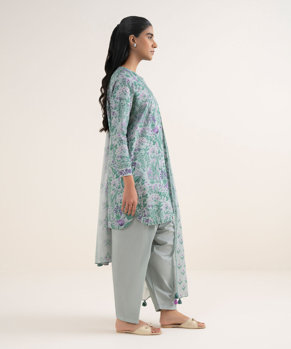 Women's Unstitched Cotton Printed Grey 3 Piece Suit