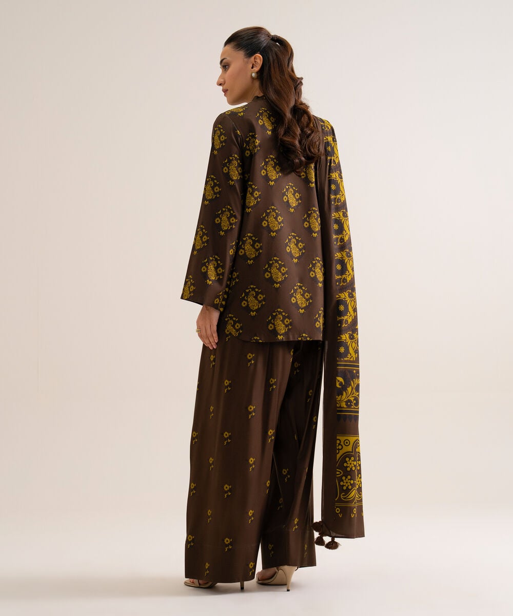 Women's Unstitched Viscose Linen Printed Brown 3 Piece Suit