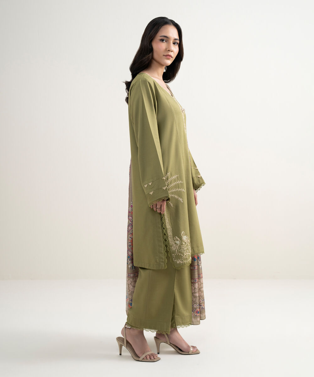 Women's RTW Cotton Viscose Embroidered Green 3 Piece Suit