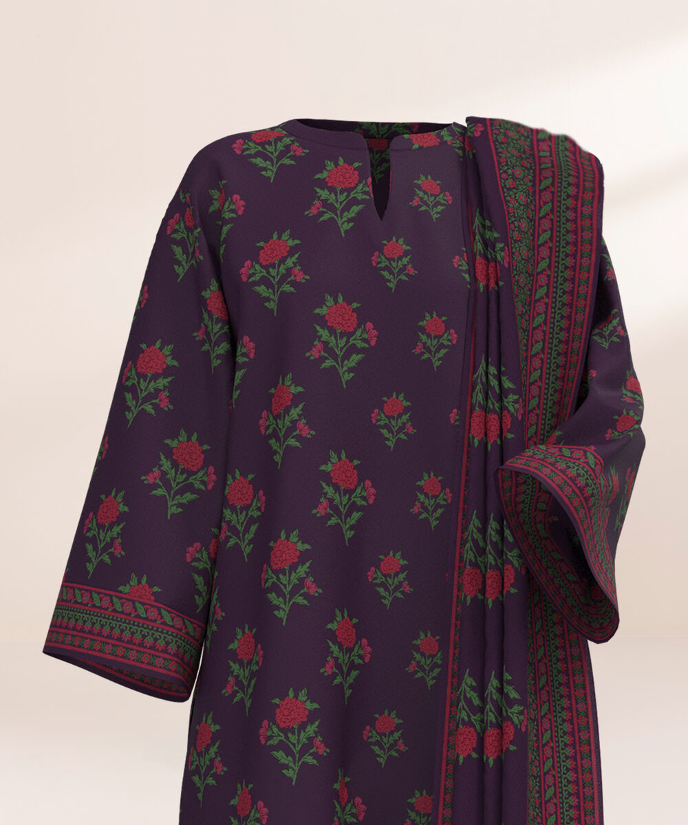 Women's Three Piece Printed Purple Lawn Suit