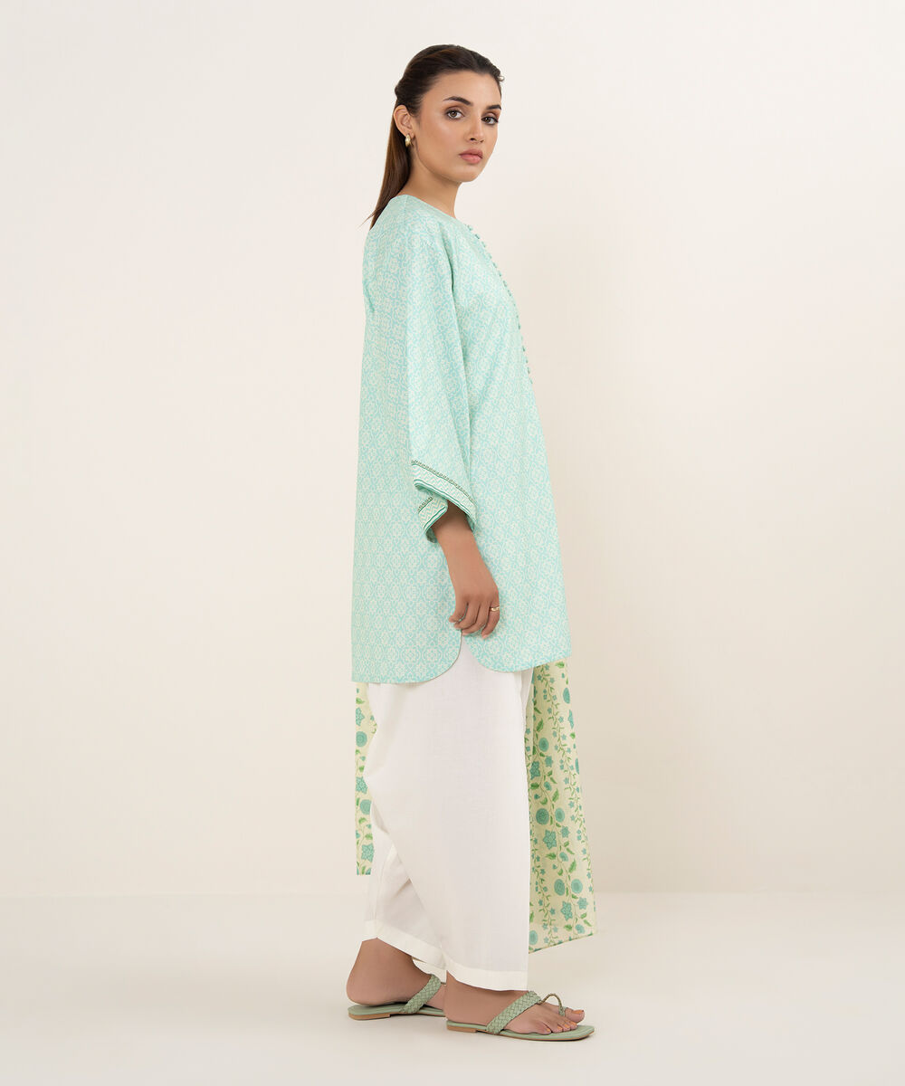 Women's Unstitched Cotton Printed Aqua 2 Piece Suit