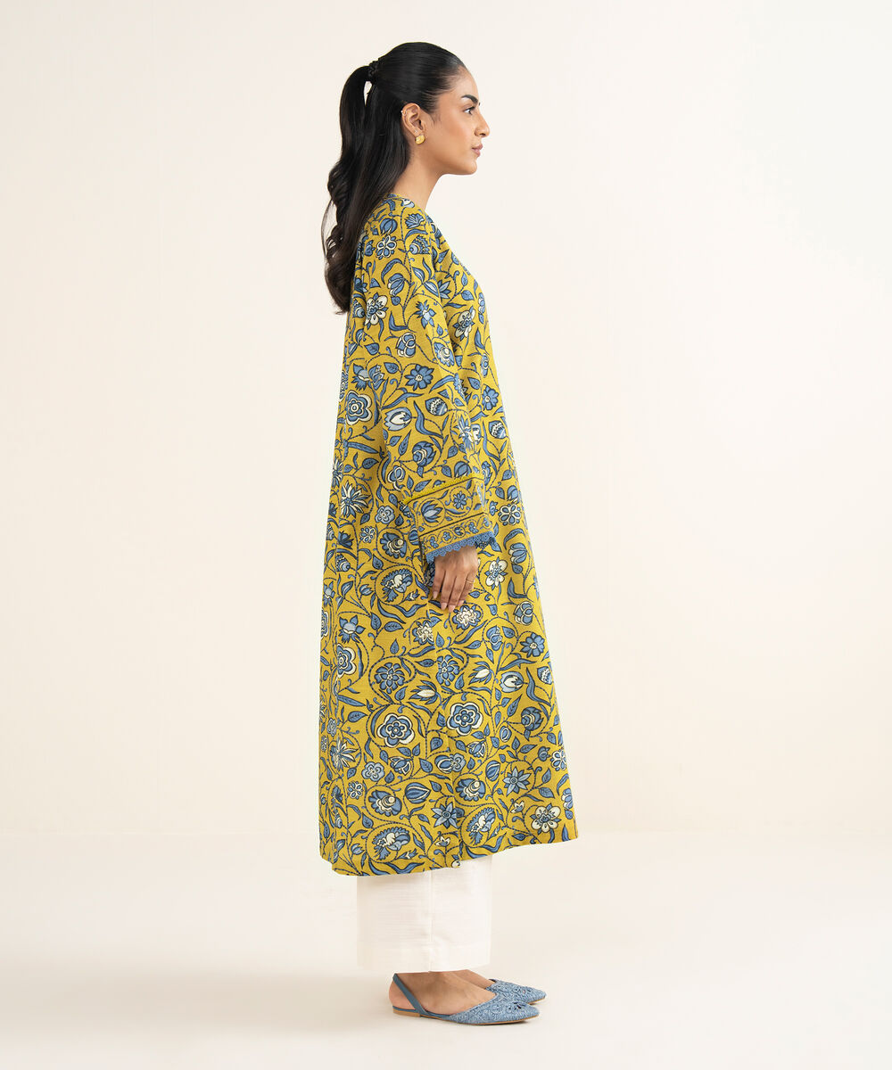 Women's RTW Khaddar Printed Yellow A-Line Shirt