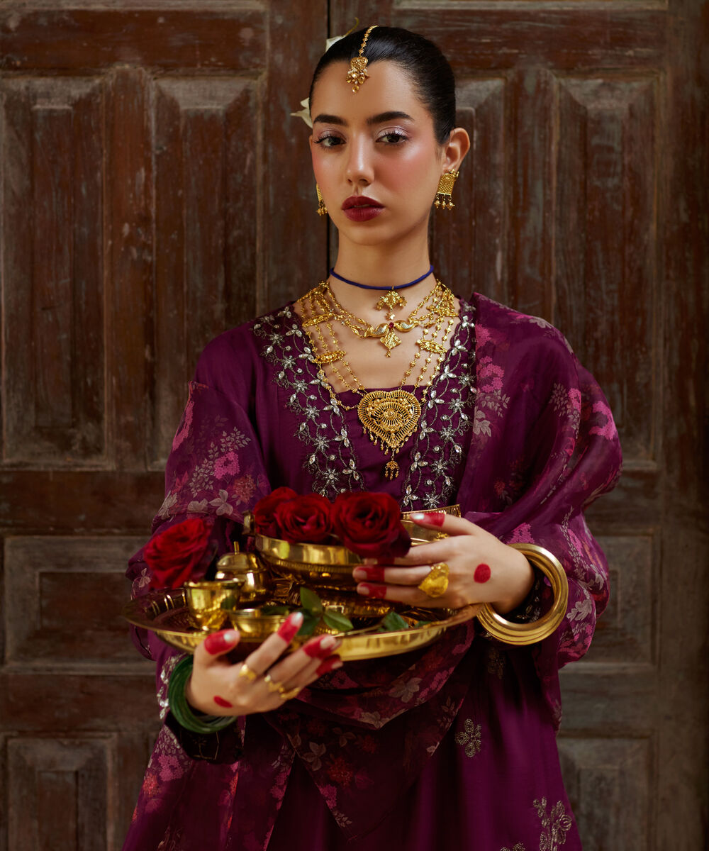 Women's RTW Viscose Raw Silk Embroidered Purple 3 Piece Suit