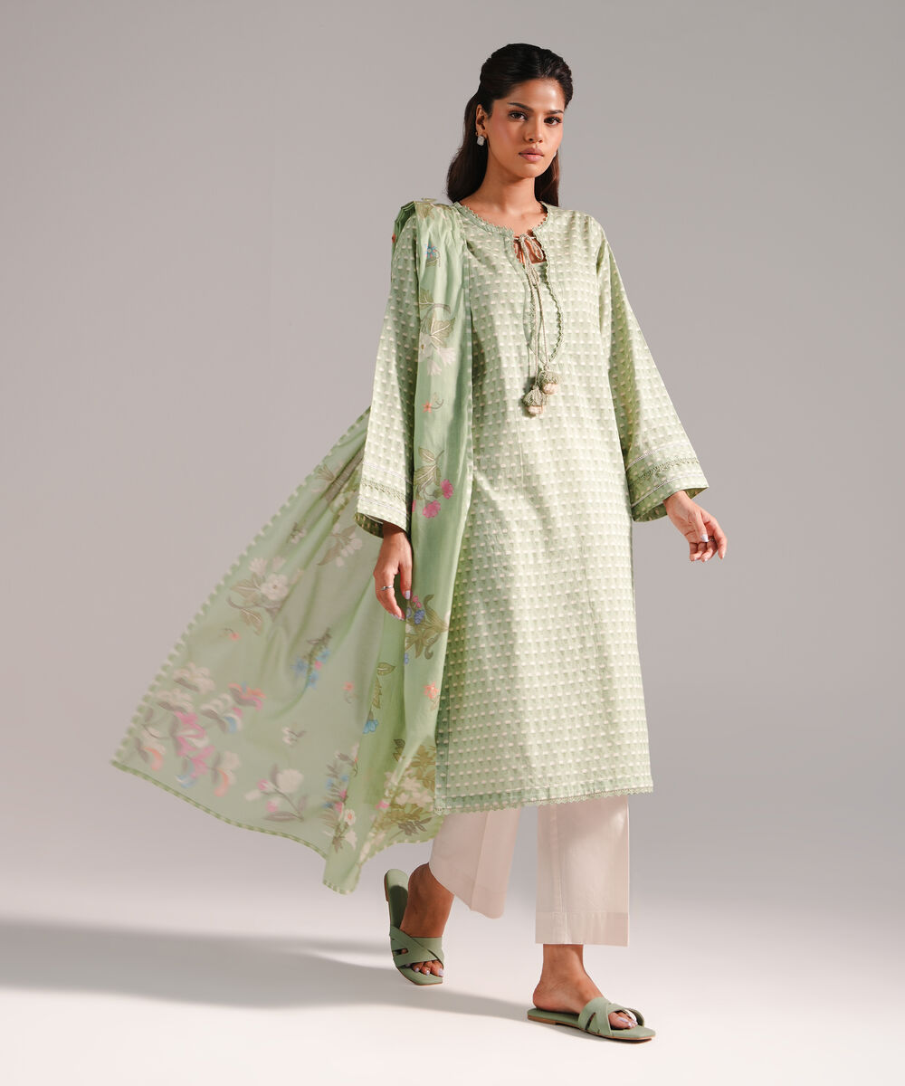 Women's RTW Dobby Printed Green 2 Piece Suit