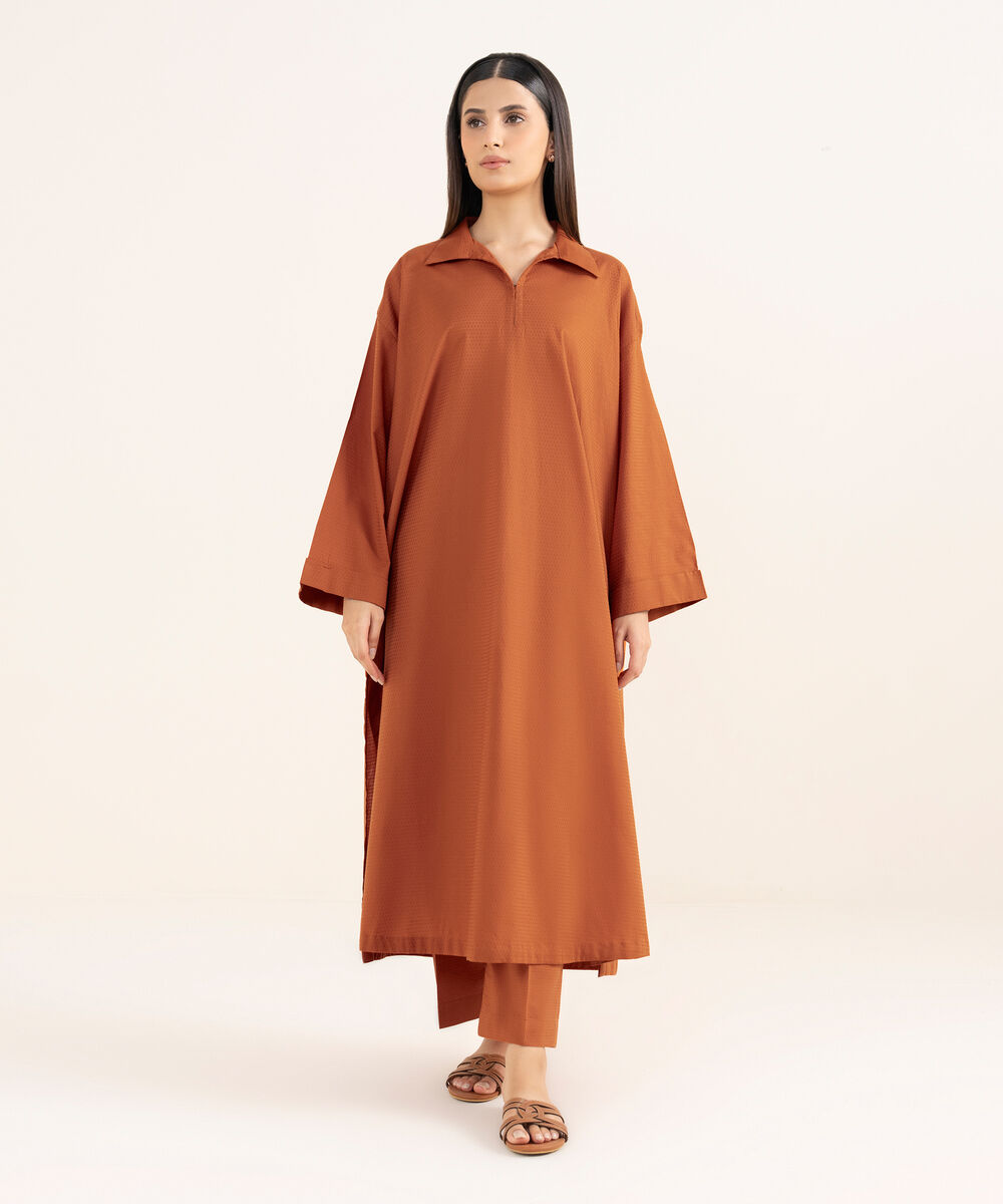 Women's RTW Textured Lawn Orange Solid Drop Shoulder Shirt