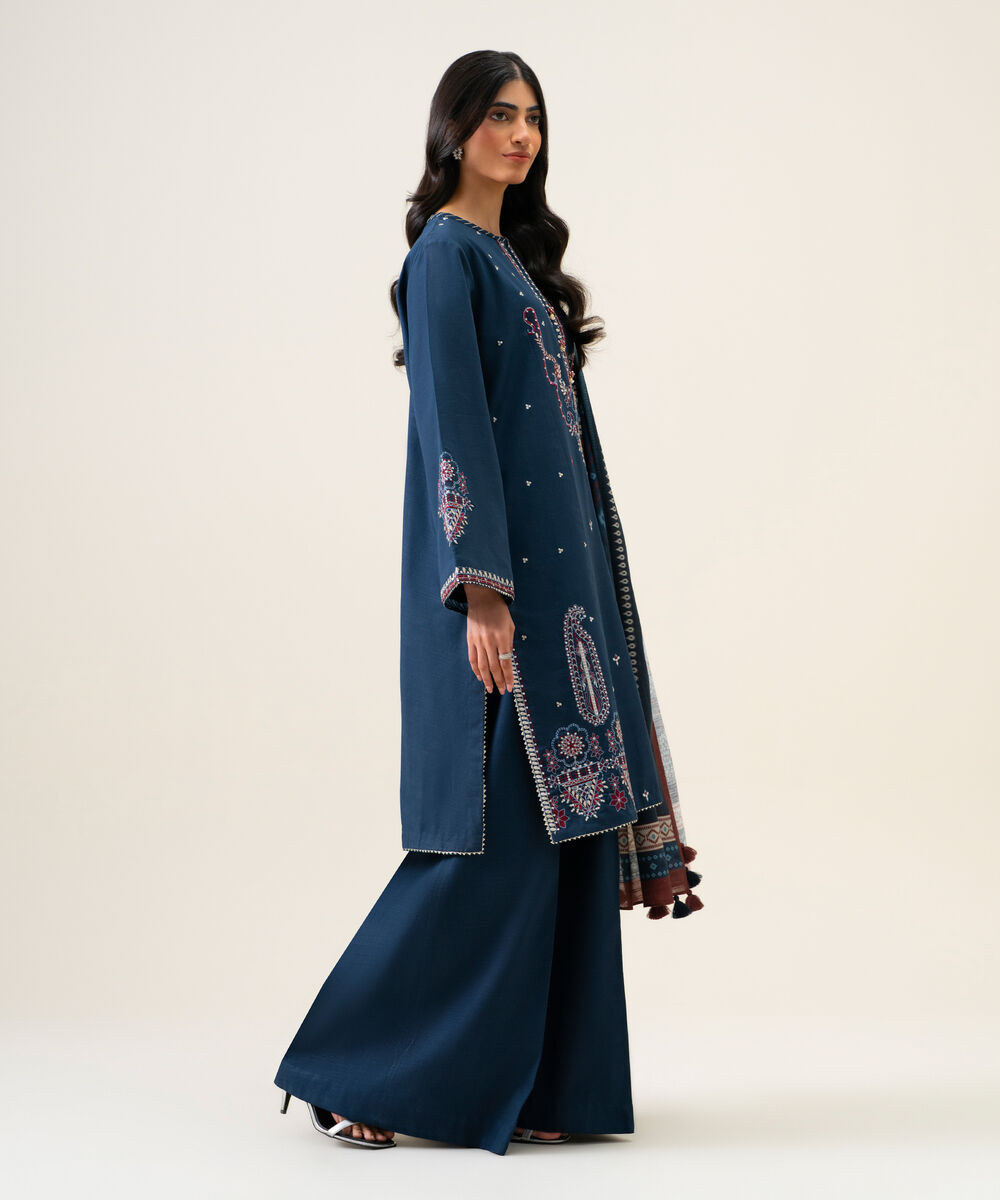 Womens Unstitched Light Khaddar Embroidered Dark Blue 3 Piece Suit
