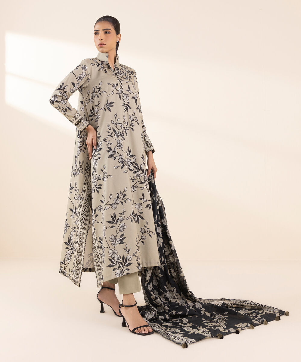 Women's Unstitched Lawn Printed Beige 3 Piece Suit