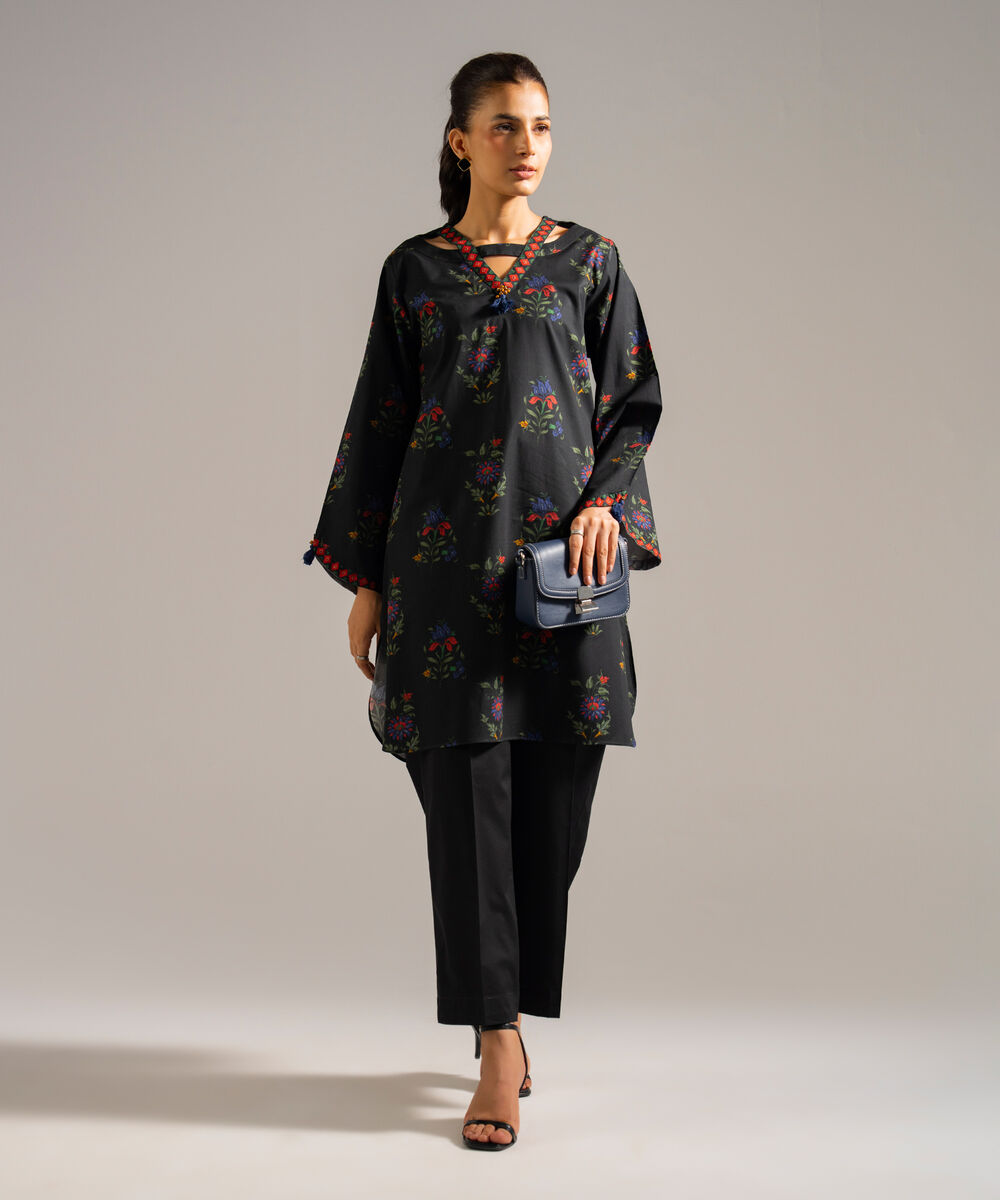 Women's RTW Lawn Printed Black Straight Shirt