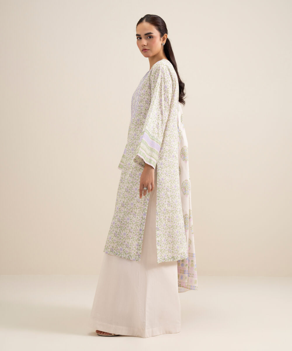 Women's Unstitched Lawn Embroidered Off White 3 Piece Suit