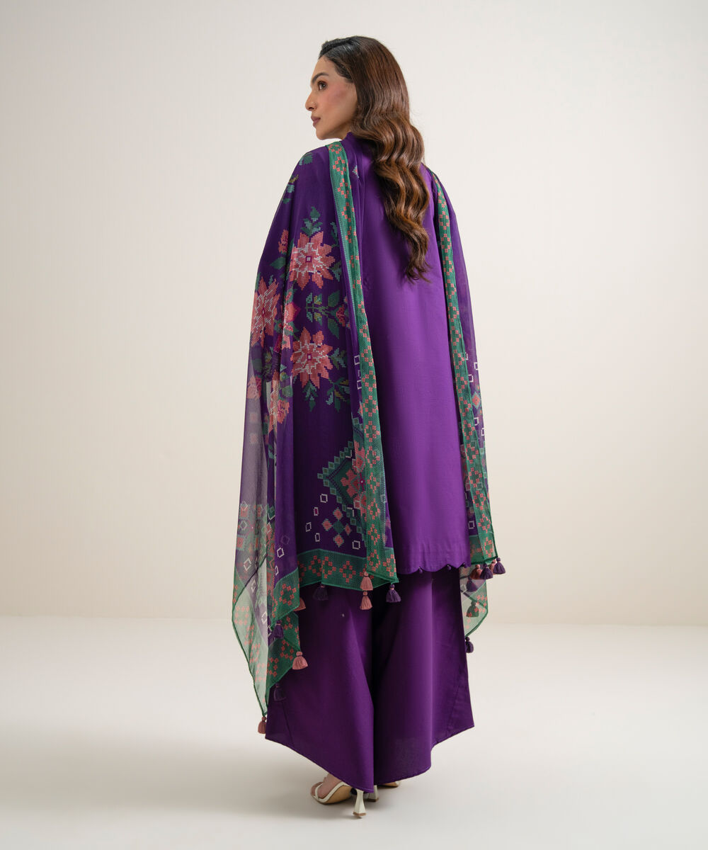Women's Unstitched Lawn Embroidered Purple 3 Piece Suit