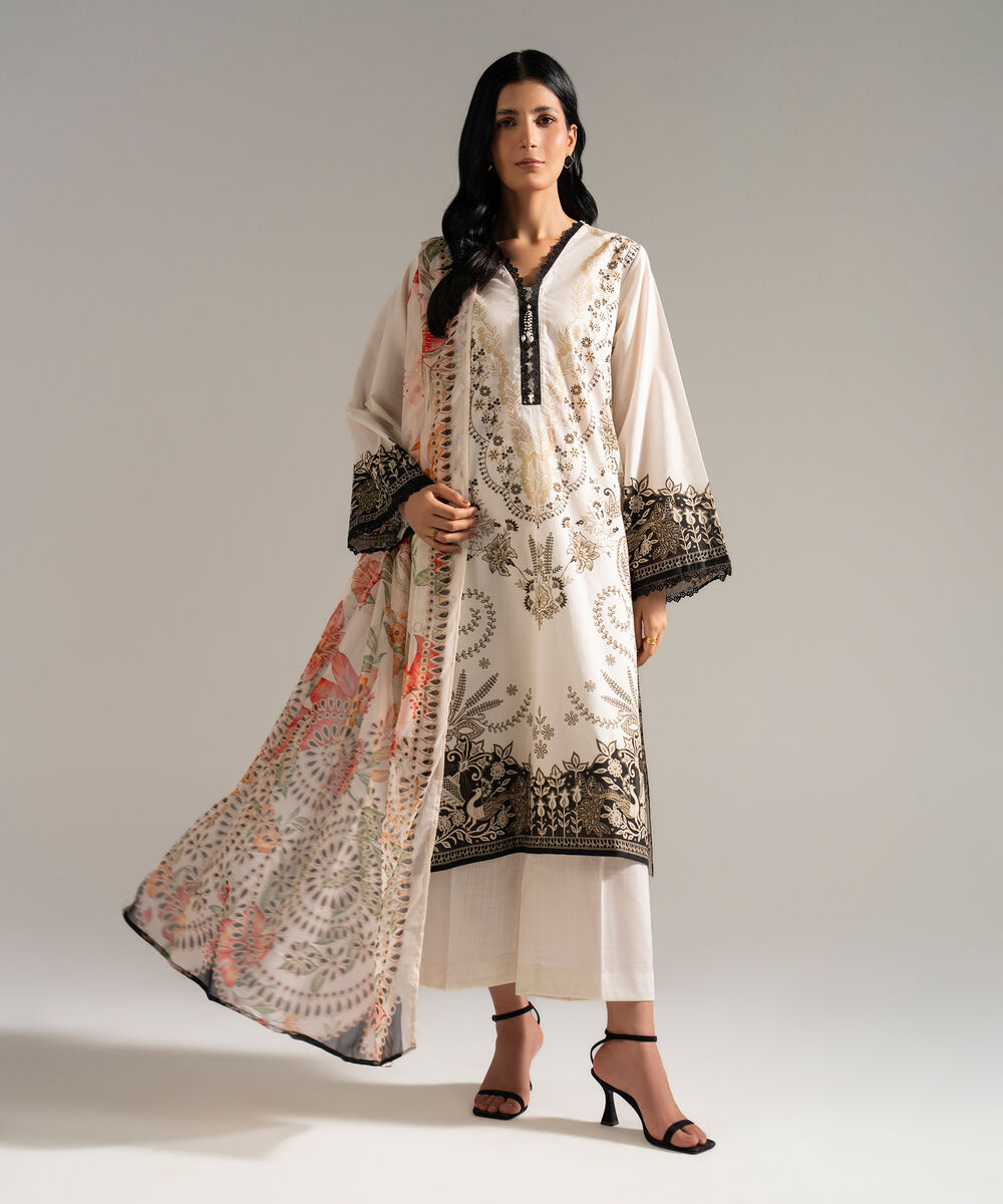 Women's RTW Slub Lawn Printed Off White 3 Piece Suit