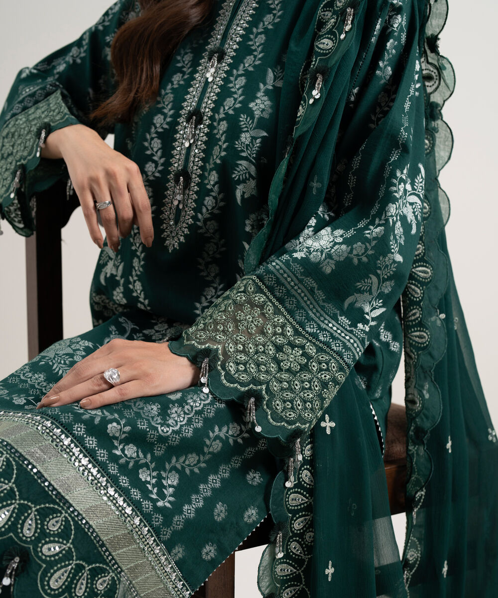 Women's Unstitched Extra Weft Jacquard Embroidered Green 3 Piece Suit