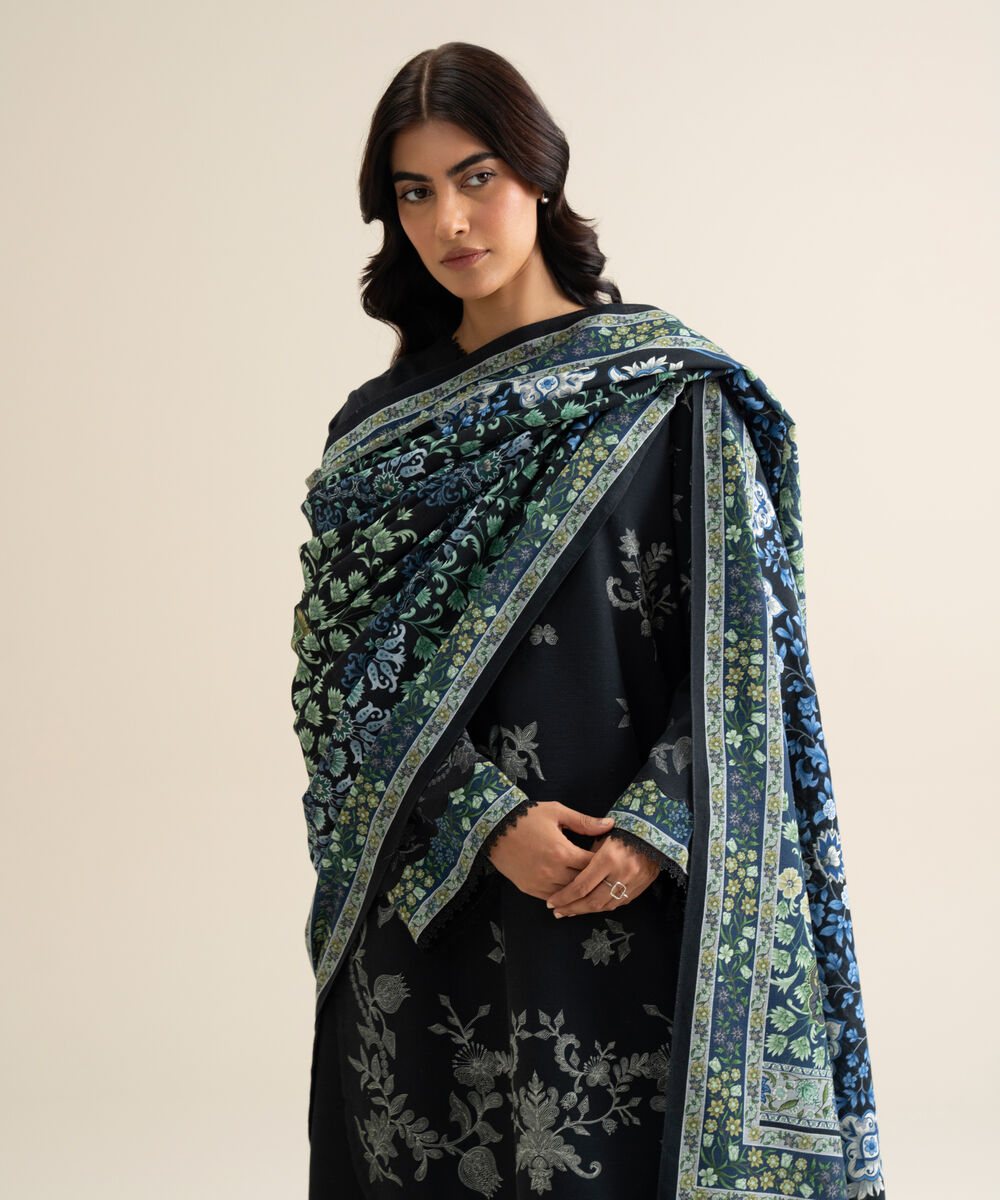 Women's Unstitched Premium Khaddar Printed Black 3 Piece Suit
