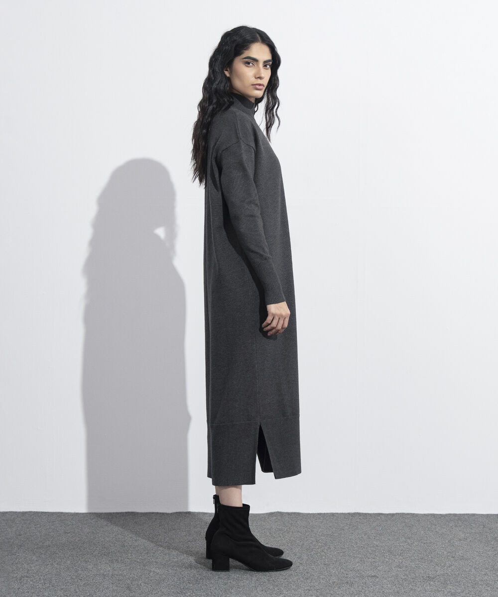 Women's Western Wear Grey  High Neck Sweater Dress