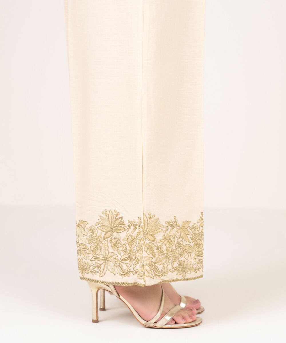 Women's RTW Cotton Viscose Embroidered Off White Culottes